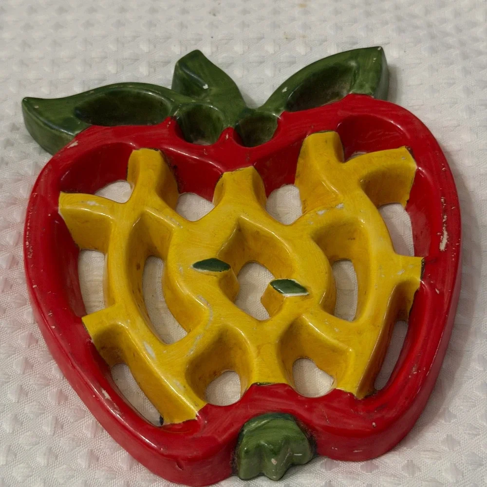 Vintage Cast Iron Apple Trivet Red Yellow Green Painted Lattice Kitchen Decor